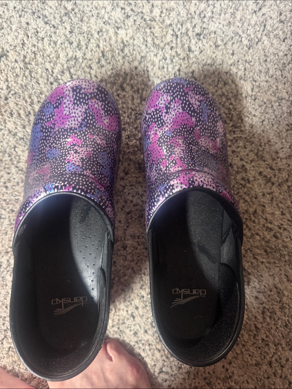 Dansko Purple and Black Camo Slip-On Clogs